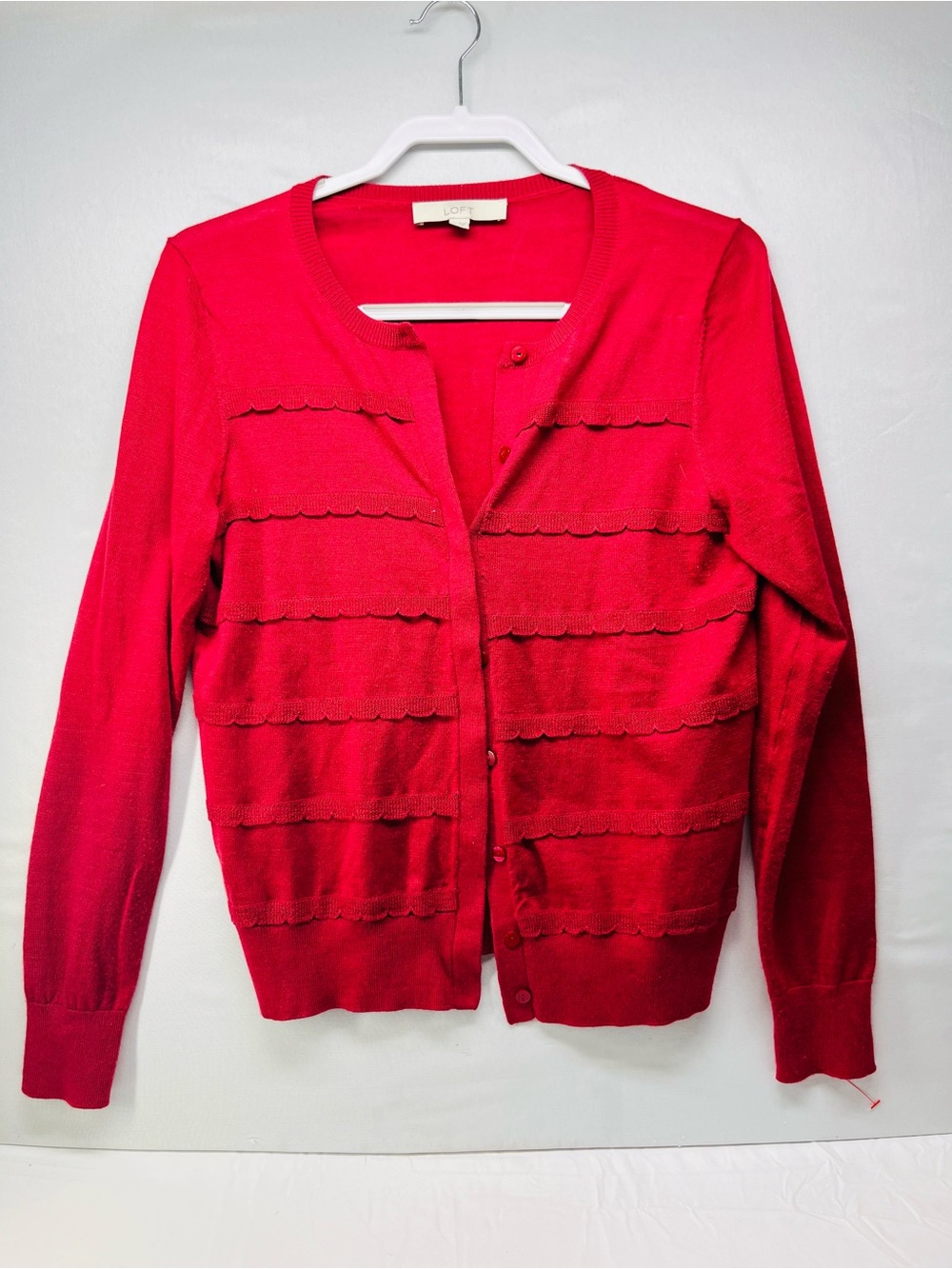 LOFT Bright Red Scallop-Trim Button Cardigan